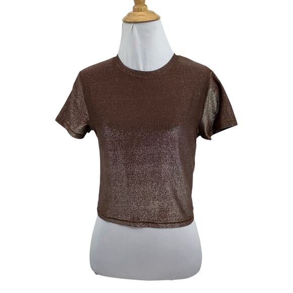 Skims Top Womens L Large Chocolate Metallic Shimmer Cropped Stretch Baby Tee - Picture 1 of 8